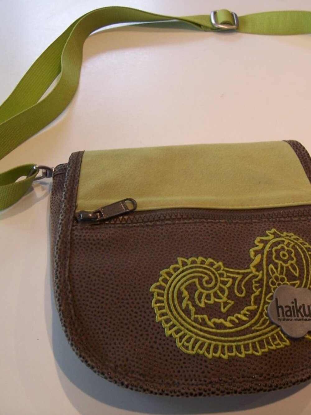 Haiku Small Crossbody Bag Brown and Lime Green 100% Vegan